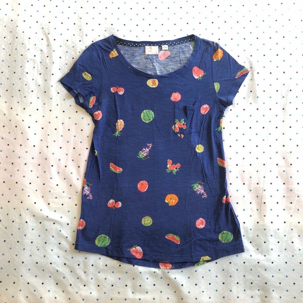 Anthropologie Blue Fruit Print Short Sleeve Tee